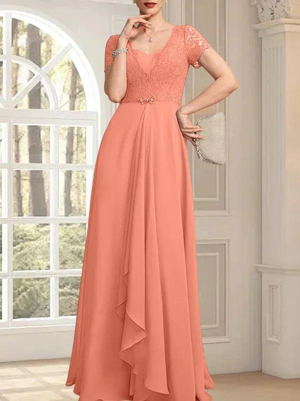 A-line Sweetheart Floor-Length Chiffon Lace Mother of the Bride Dress With Beading Cascading Ruffles by Dreamylily