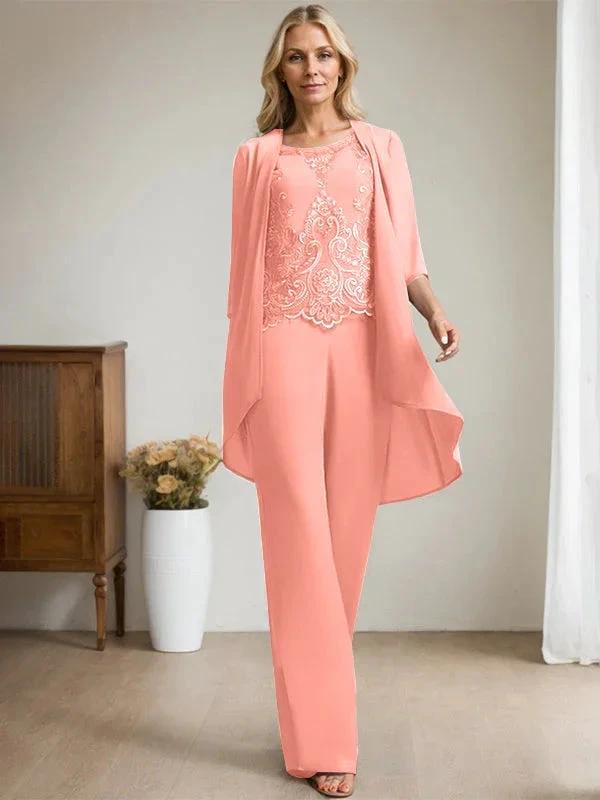 Separates Jumpsuit/Pantsuit Scoop Floor-Length Chiffon Lace Mother of the Bride Dress With Beading Sequins by Dreamylily
