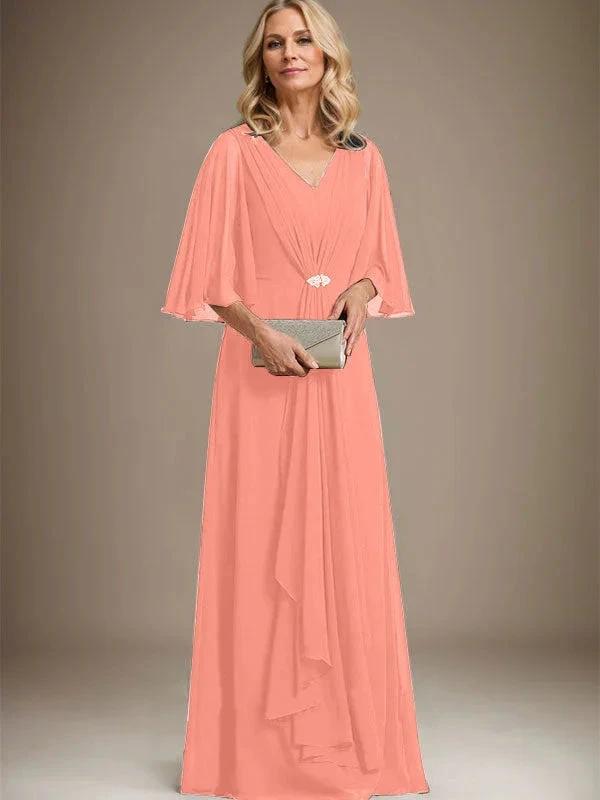 A-line V-Neck Floor-Length Chiffon Mother of the Bride Dress With Cascading Ruffles Crystal Brooch by Dreamylily