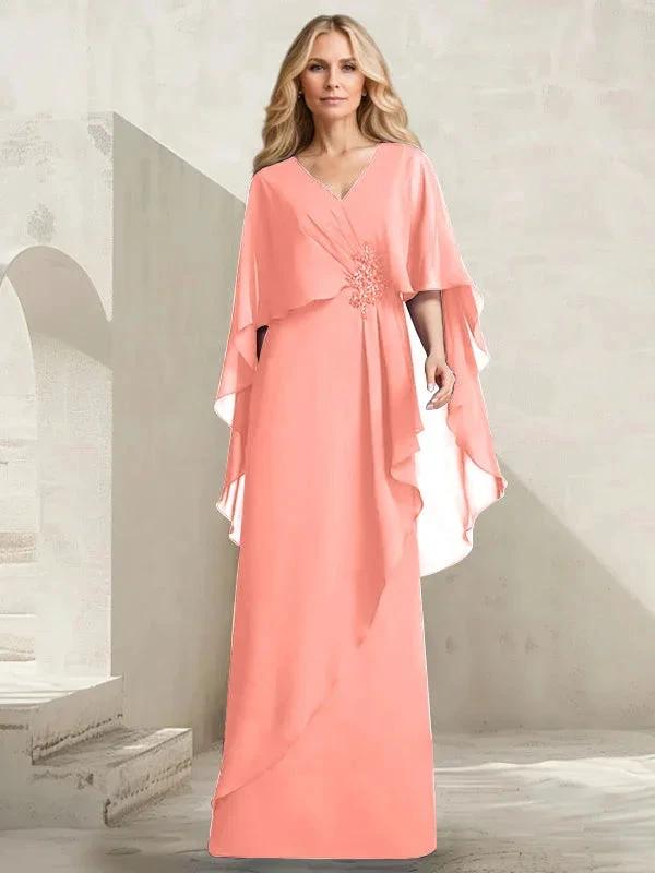 A-line V-Neck Floor-Length Chiffon Mother of the Bride Dress With Cascading Ruffles Beading by Dreamylily