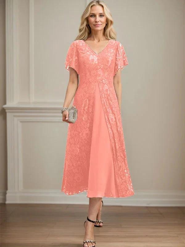 A-line V-Neck Tea-Length Lace Chiffon Mother of the Bride Dress by Dreamylily