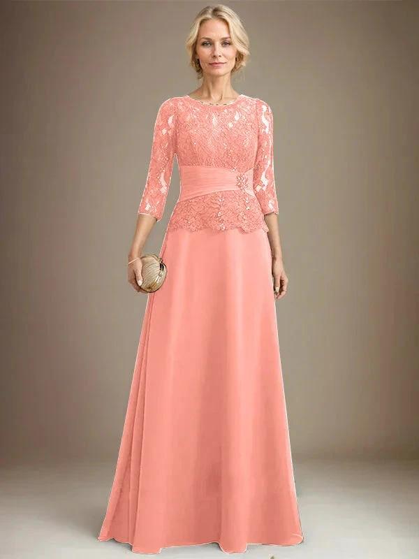 A-line Scoop Illusion Floor-Length Chiffon Lace Mother of the Bride Dress With Pleated Sequins Beading by Dreamylily