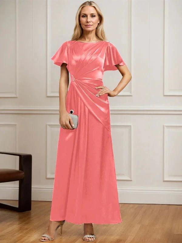 A-line Scoop Ankle-Length Stretch Satin Mother of the Bride Dress With Pleated Beading by Dreamylily