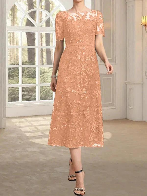 A-line Scoop Illusion Tea-Length Lace Mother of the Bride Dress With Sequins by Dreamylily