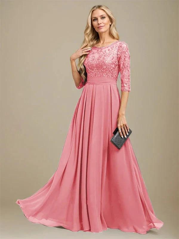 A-Line Scoop Floor-Length Lace Chiffon Mother Of the Bride Dress With Sequins Applique by Dreamylily