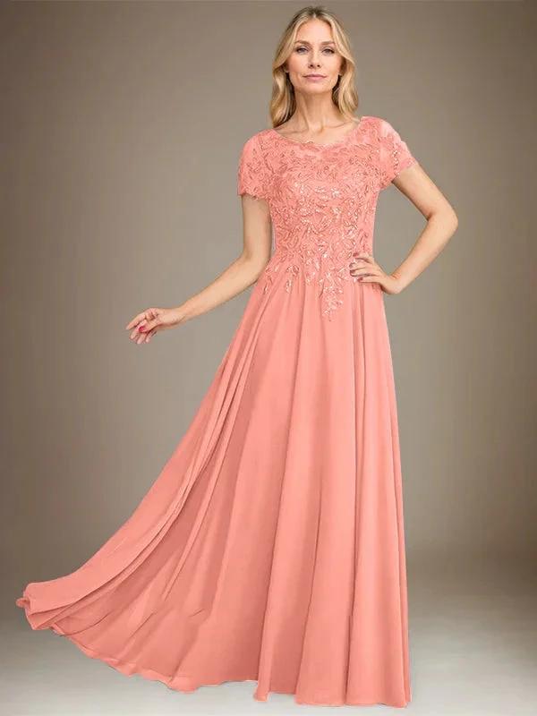 A-Line Scoop Floor-Length Chiffon Mother of the Bride Dress With Applique &amp; Sequins by Dreamylily