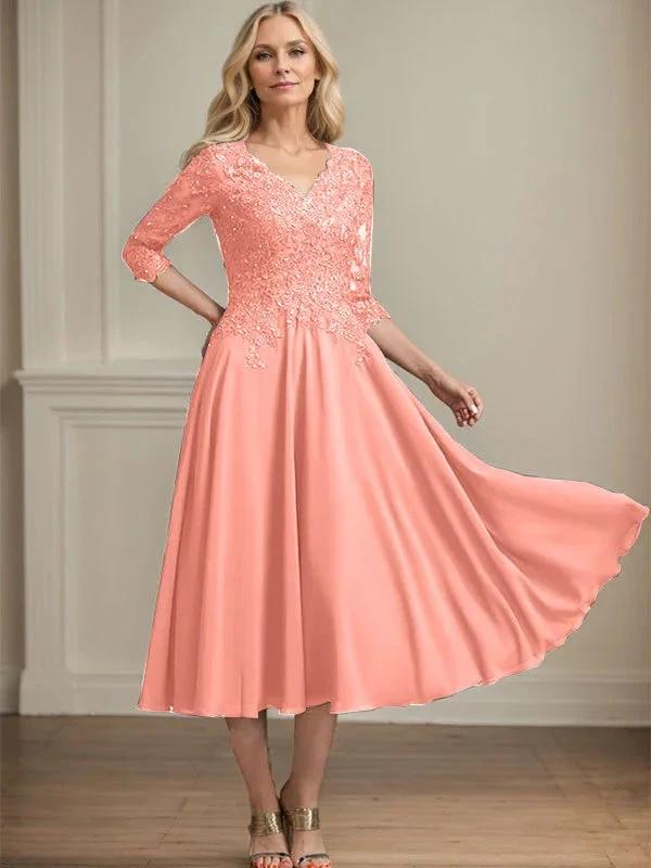 A-line V-Neck Tea-Length Chiffon Lace Mother of the Bride Dress With Beading Sequins by Dreamylily