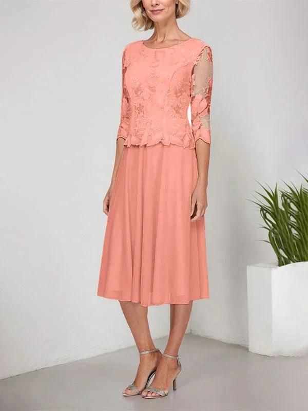 A-line Scoop Tea-Length Lace Chiffon Mother of the Bride Dress With Embroidery by Dreamylily