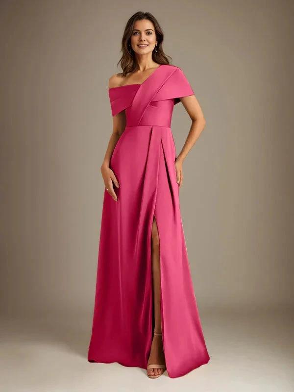 A-Line Asymmetrical Neckline Floor-Length Satin Mother of the Bride Dress With Pleated by Dreamylily