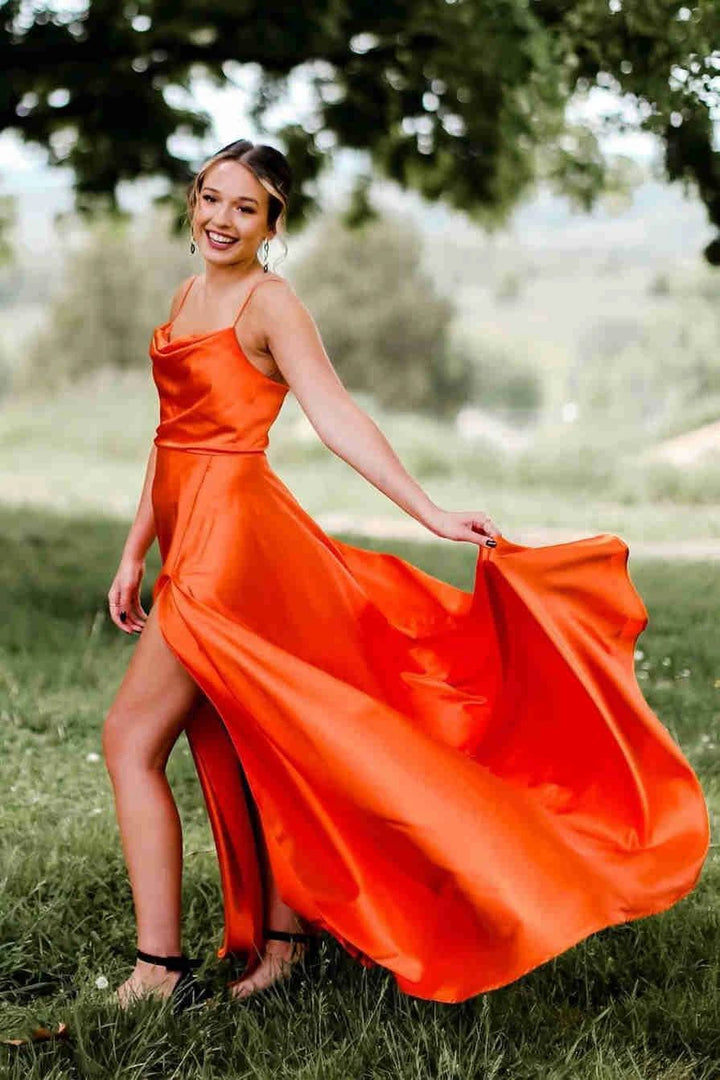 Cowl Neck Satin Formal Dress With Slit SYP122 by vivymakudress