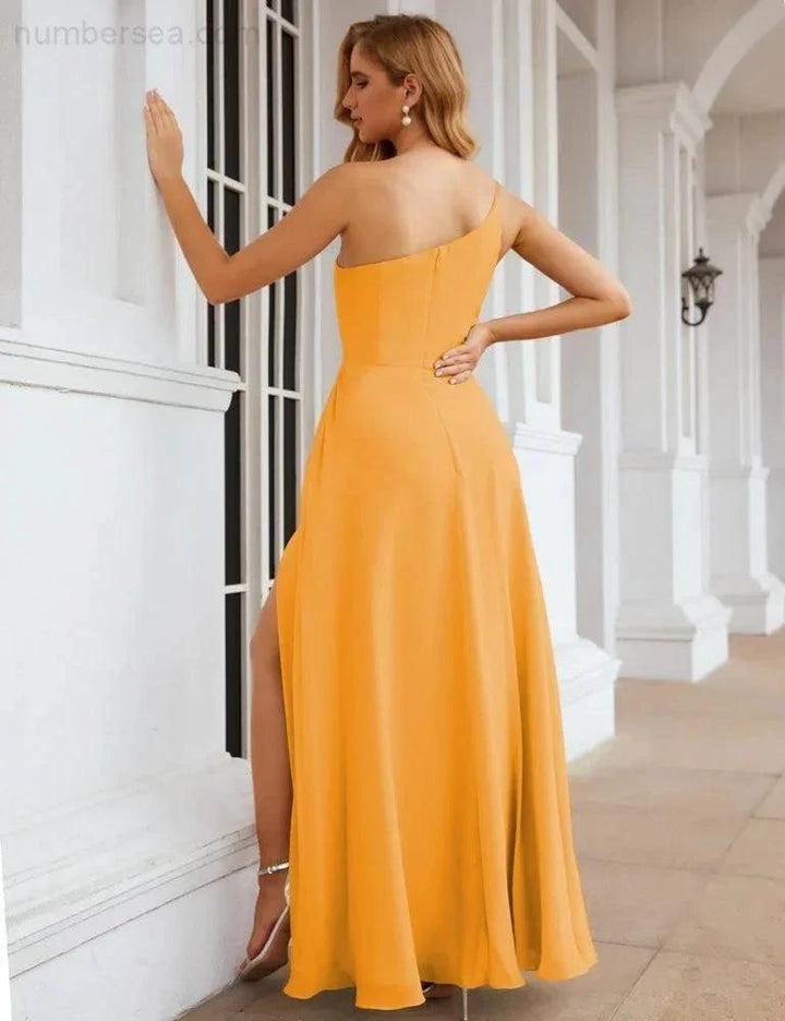 Numbersea One Shoulder Chiffon Bridesmaid Dresses Long Formal Homecoming Prom Gowns for Women Party Wedding Evening SEA28052 by numbersea