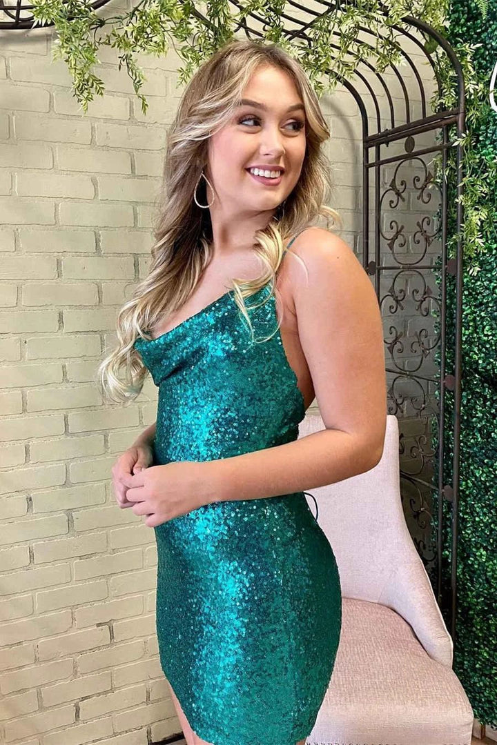 Crew Neck Green Sequins Short Homecoming Dress SYH33 by vivymakudress
