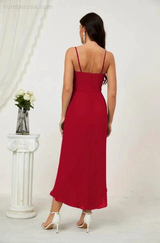 Numbersea Spaghetti Chiffon V Neck Bridesmaid Dress Mid-Length Slit Formal Prom Dress Homecoming Dress 2803 by numbersea