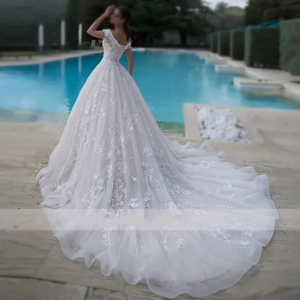 Custom Gorgeous Appliques Flowers Ball Gown Wedding Dresses Luxury Beading Boat Neck Lace Up Princess Robe De Mariée by payinti