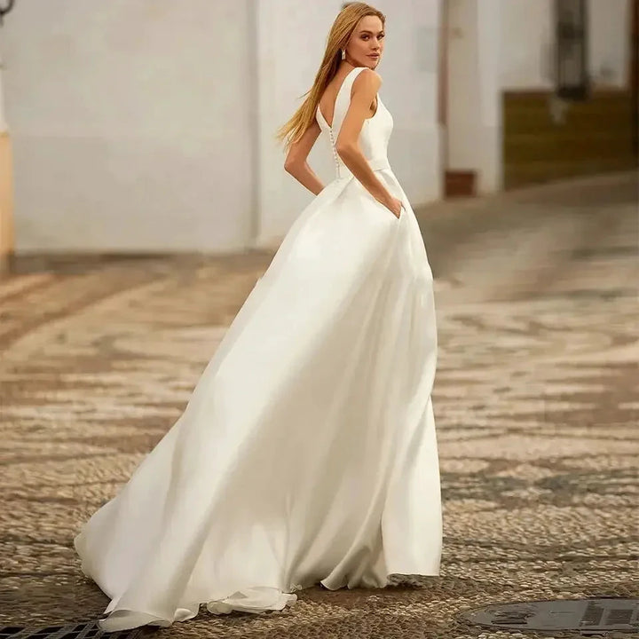 Custom Made Satin Wedding Dresses for Women Beach Boho Bride Gowns Simple Plus Size V-neck Princess Party Dress Pockates by payinti