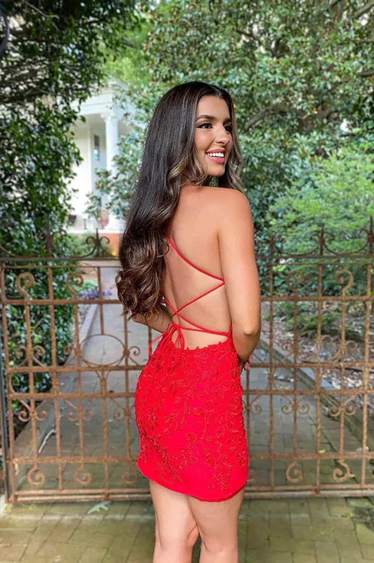 Cute Red Sweetheart Lace Backless Tight Homecoming Dresses PD501 by pgmdress