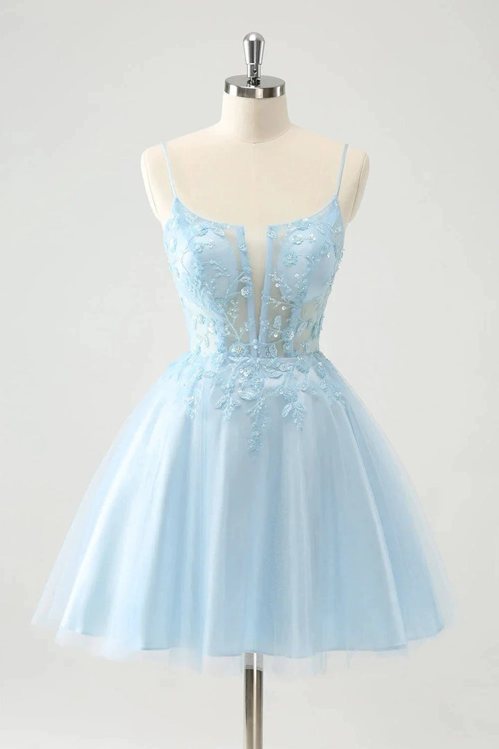 Cute A Line Spaghetti Straps Corset Short Blush Homecoming Dress with Appliques by WEDTREND