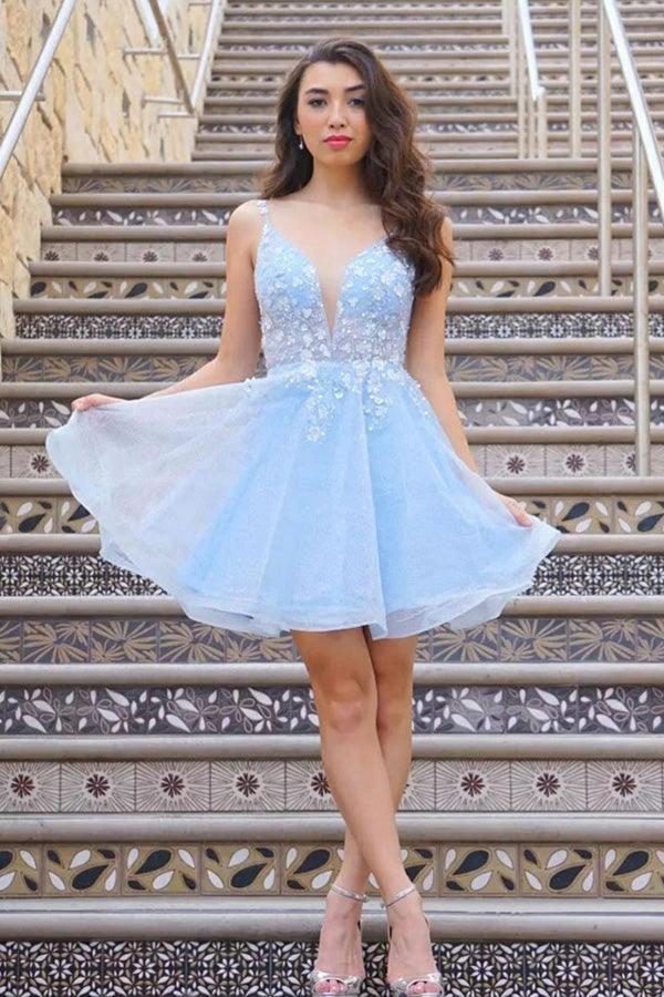 Cute V Neck Light Blue Lace Floral Short Prom Homecoming Dresses PD439 by pgmdress