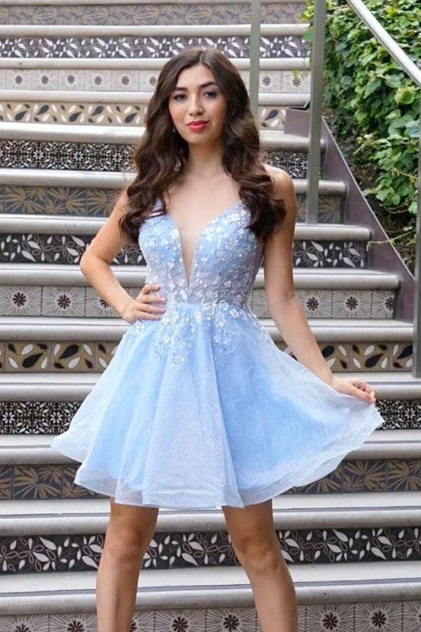 Cute V Neck Light Blue Lace Floral Short Prom Homecoming Dresses PD439 by pgmdress