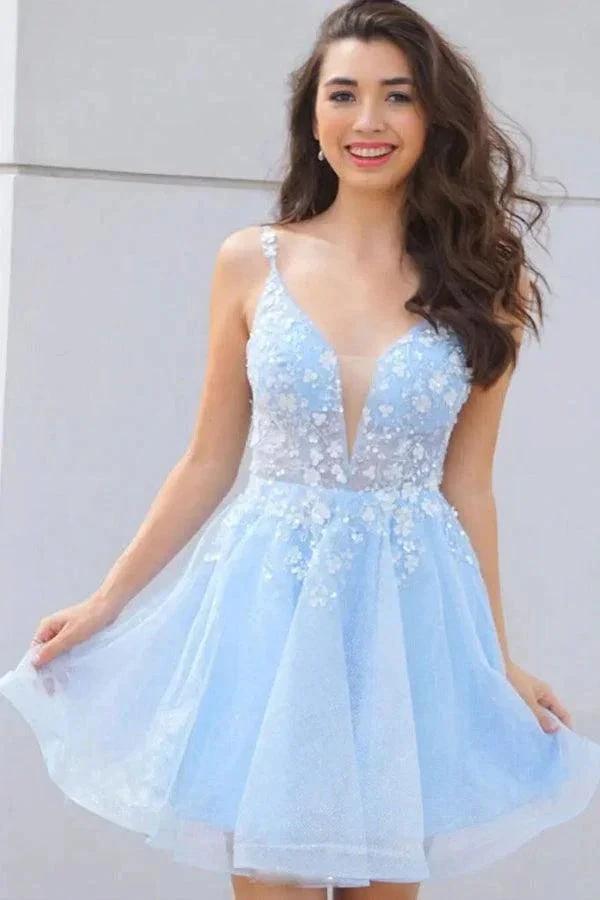 Cute V Neck Light Blue Lace Floral Short Prom Homecoming Dresses PD439 by pgmdress