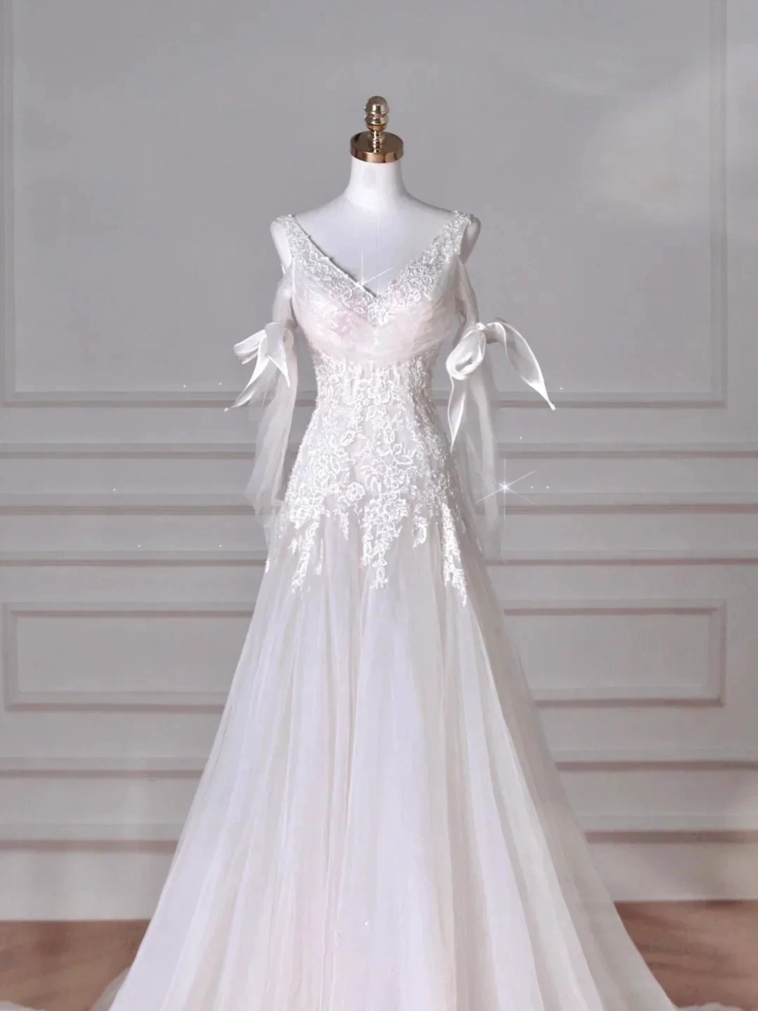 Fairy White V Neck Tulle Lace Appliques Mermaid Evening Dress,Long Wedding Dress Y8636 by simplepromdress