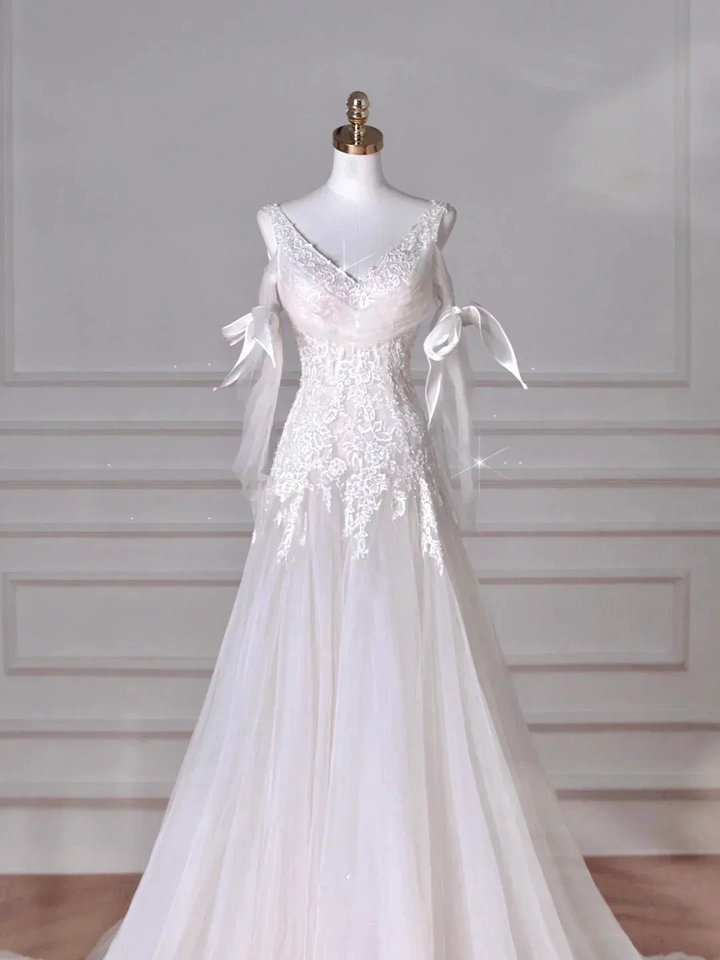 Fairy White V Neck Tulle Lace Appliques Mermaid Evening Dress,Long Wedding Dress Y8636 by simplepromdress