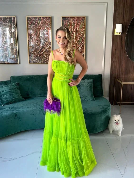 Green A-line Spaghetti Straps Tulle Prom Dress,Green Evening Dress Y5595 by simplepromdress