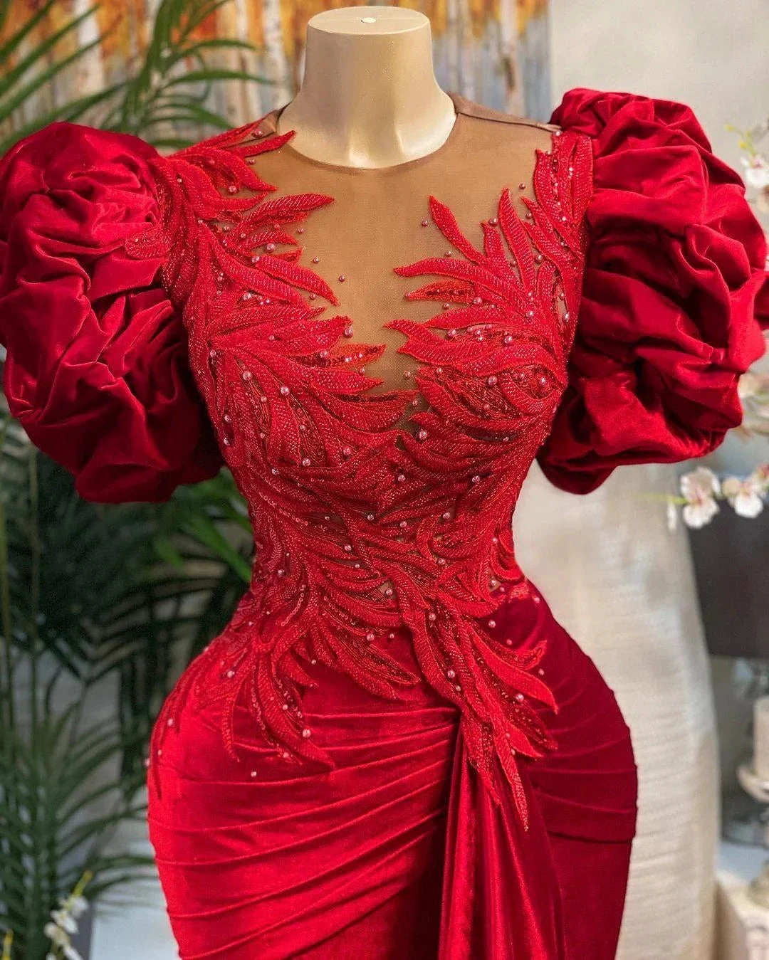 Luxury Red Mermaid Prom Dresses Lace Beaded Sheer Neck Evening Dress Formal Party Wear Y02 by simplepromdress