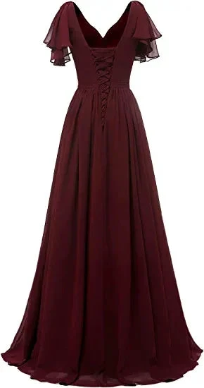 Leaf Sleeve Bridesmaid Dress V Neck Chiffon Long Formal Wedding Evening Dress Y1206 by simplepromdress