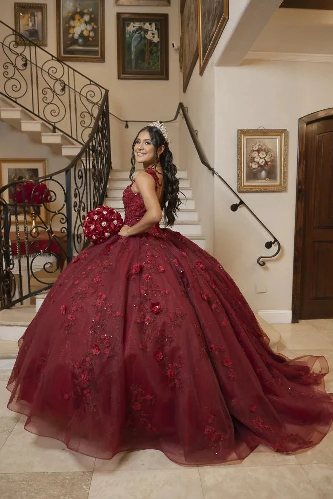 Luxurious Burgundy 3D Flowers Ball Gown,Sweet 16 Dress,Quinceanera Dress Y5320 by simplepromdress