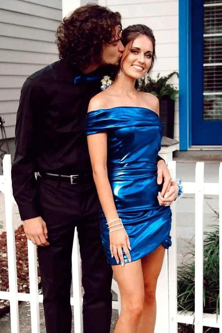 Chic One Shoulder Navy Blue Tight Homecoming Dresses by Ombreprom