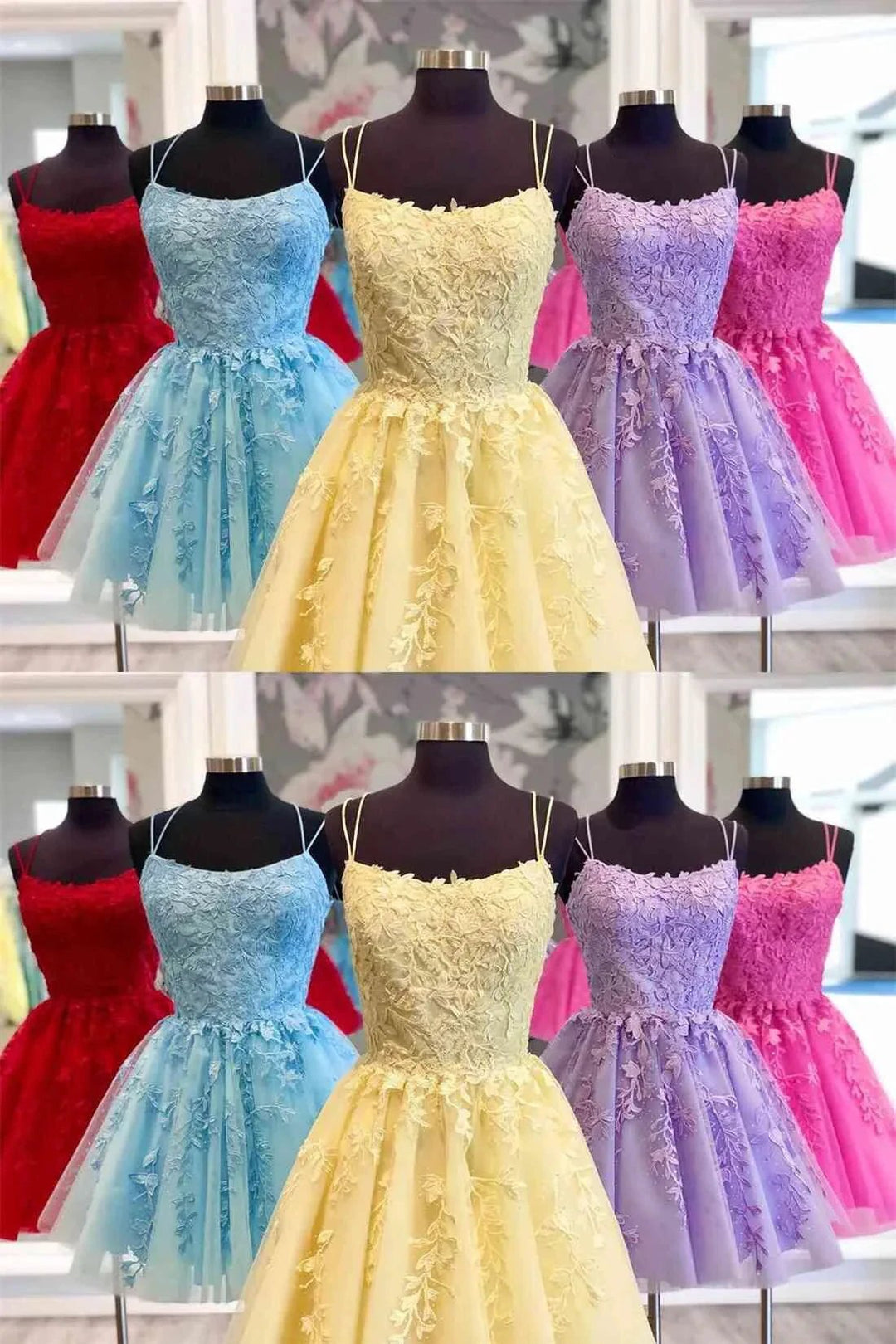 Blue A-line Spaghetti Straps Lace Short Prom Dresses Homecoming Dresses by Ombreprom