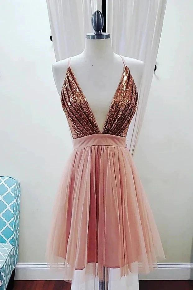 Deep V-neck Spaghetti Straps Sleeveless Sequins Short Prom Dresses Homecoming Dresses by Ombreprom