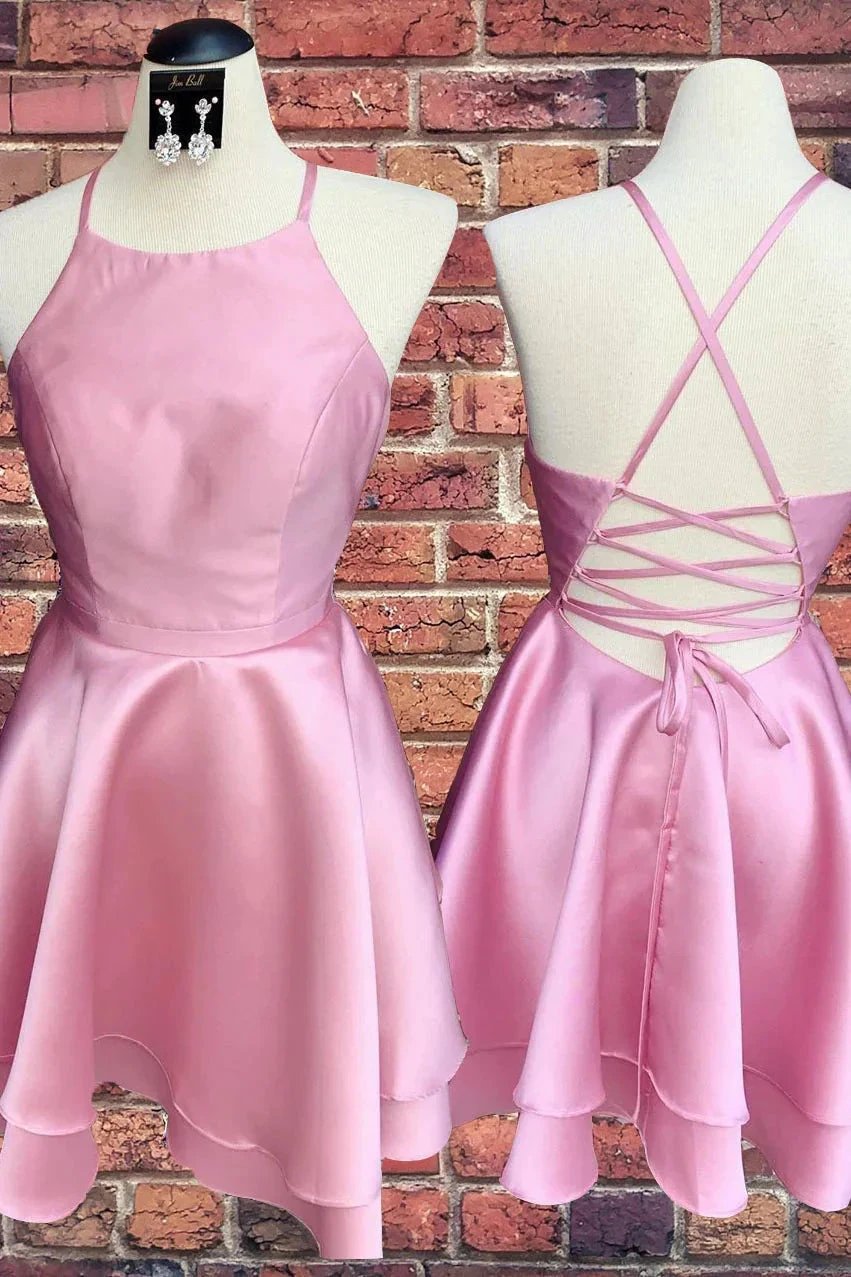 Candy Pink Spaghetti Straps Sleeveless Stain Short Prom Dresses Homecoming Dresses by Ombreprom