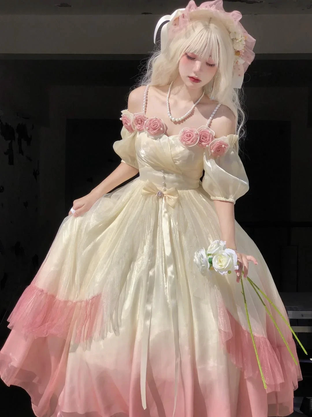 Roses Flowers Masquerade Prom Dress Champagne Pink Gradient Floral Wedding Dress Vintage Princess Dress with Pearls Y2401 by simplepromdress