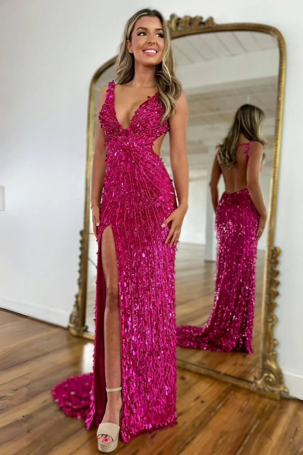 Sparkly Gold Mermaid Sequins Sweetheart Long Corset Prom Dress with Slit