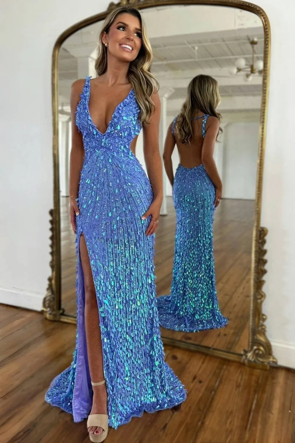 Sparkly Gold Mermaid Sequins Sweetheart Long Corset Prom Dress with Slit