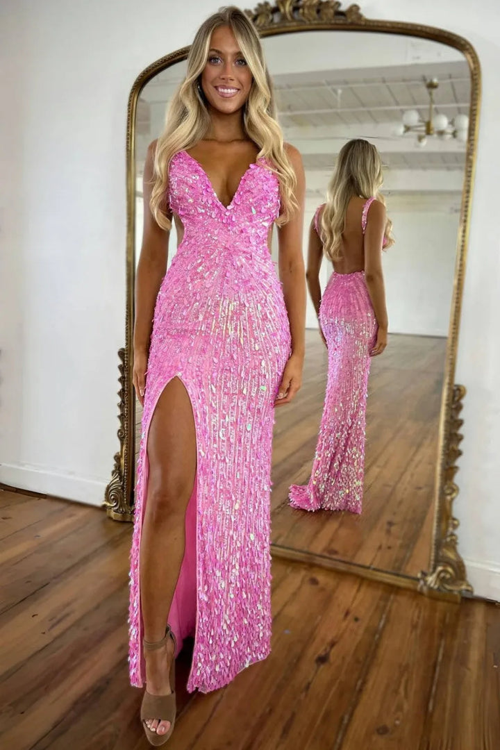 Sparkly Gold Mermaid Sequins Sweetheart Long Corset Prom Dress with Slit