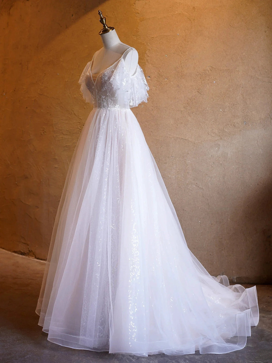 A-line V-neck Pearl Embellished Tulle Lace Floor Length Prom Dresses by Anne of Brittany