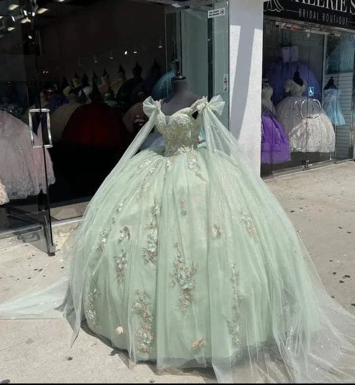 Mint Green Quinceanera Dresses With Cape 3D Flowers Sweet 15 Birthday Ball Gowns Y4480 by simplepromdress