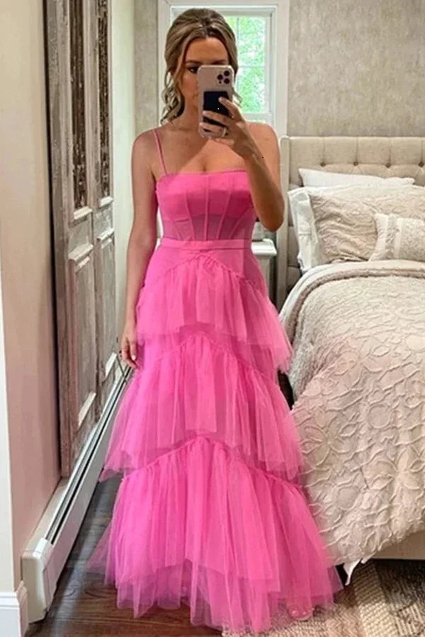 Elegant A-Line Hot Pink Tiered Tulle Long Prom Dress Evening Dress Y1594 by simplepromdress