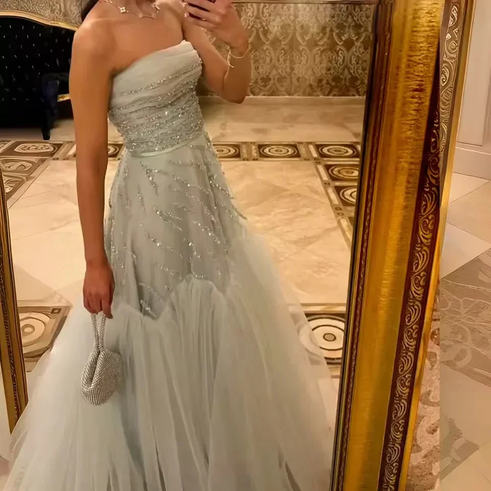Elegant Strapless Sage Green Tulle Sequins Evening Dress Formal Prom Dress Y8127 by simplepromdress