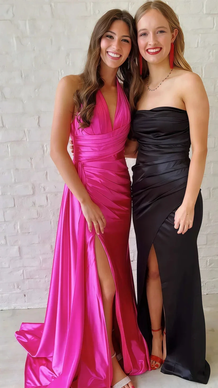 Green Halter V-Neck Ruched Bodycon Prom Dress,Long Slit Evening Gown Y8022 by simplepromdress