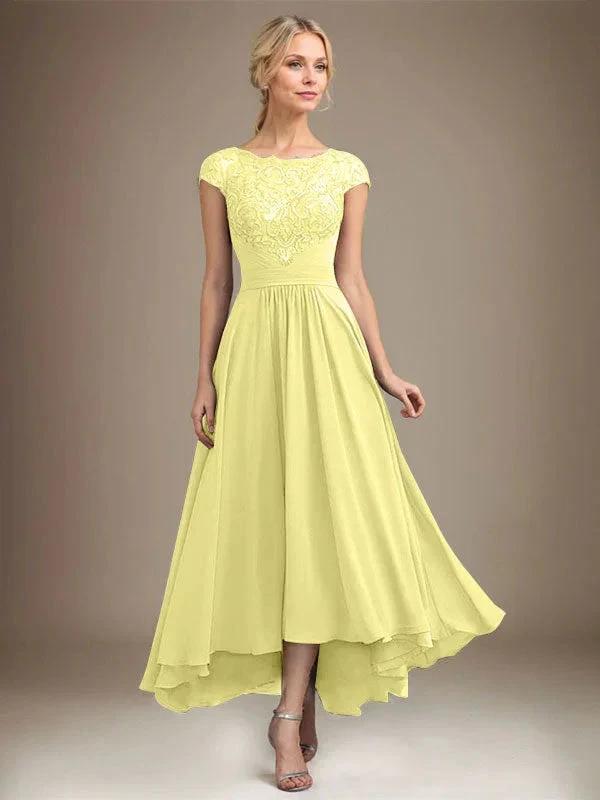 A-line Scoop Illusion Asymmetrical Lace Chiffon Mother of the Bride Dress With Pleated by Dreamylily