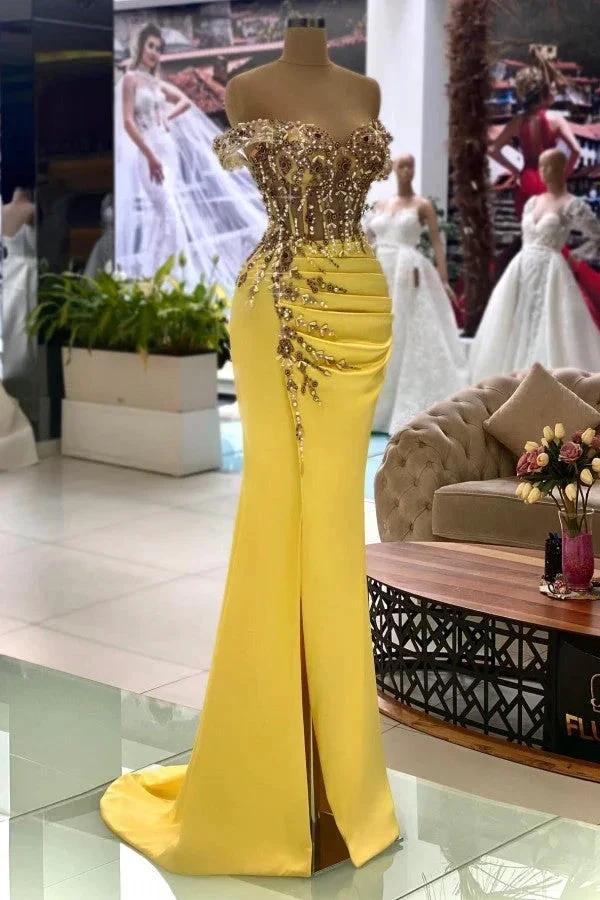 Gorgeous Yellow Mermaid Off-the-shoulder Satin Long Prom Dresses With Split by BIZTUNNEL