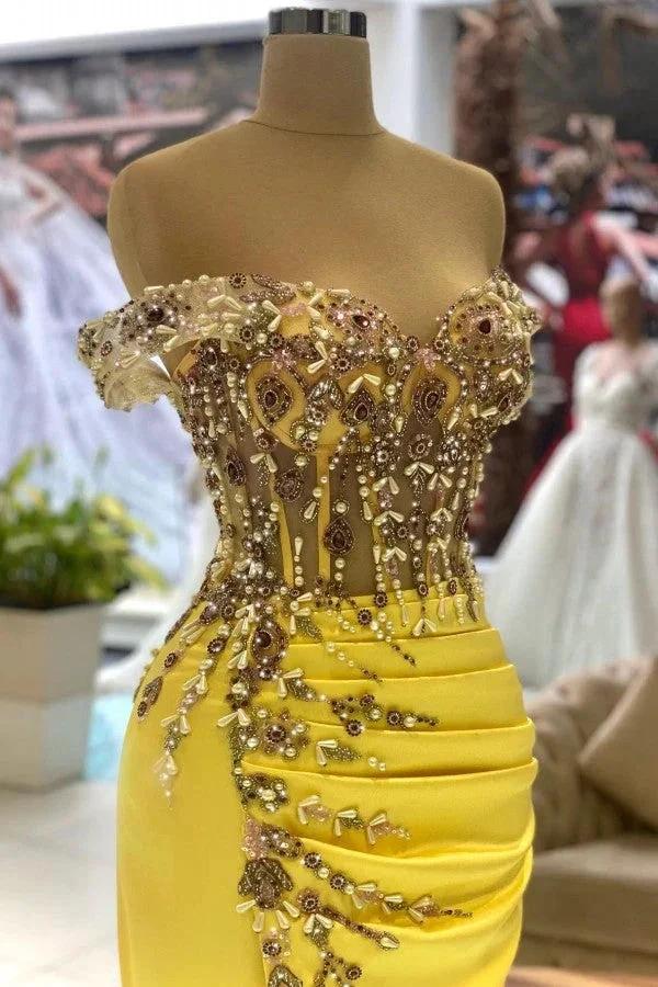 Gorgeous Yellow Mermaid Off-the-shoulder Satin Long Prom Dresses With Split by BIZTUNNEL