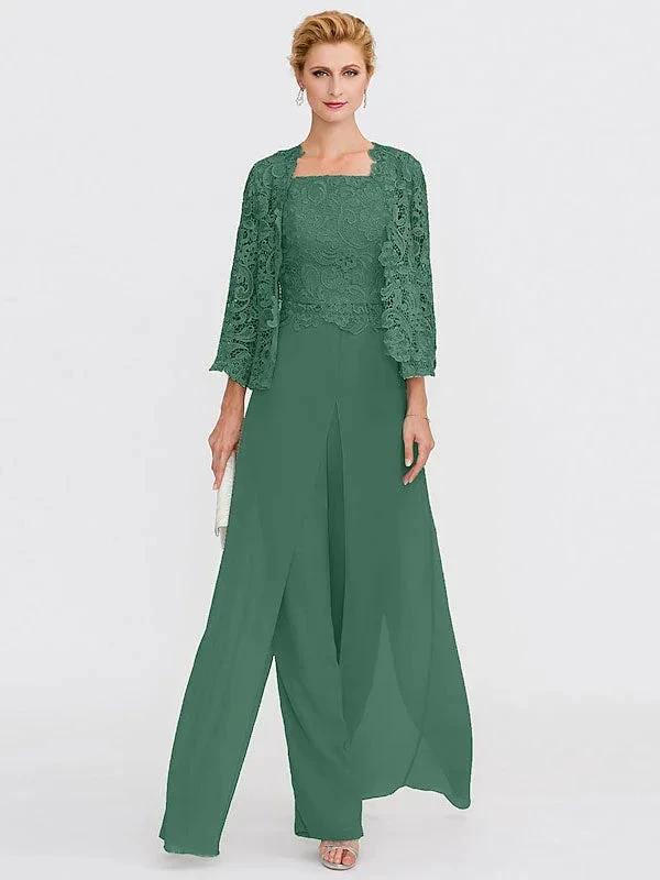 3 Piece Chiffon Square Neck Mother of the Bride Pantsuits with Jacket by Dreamylily