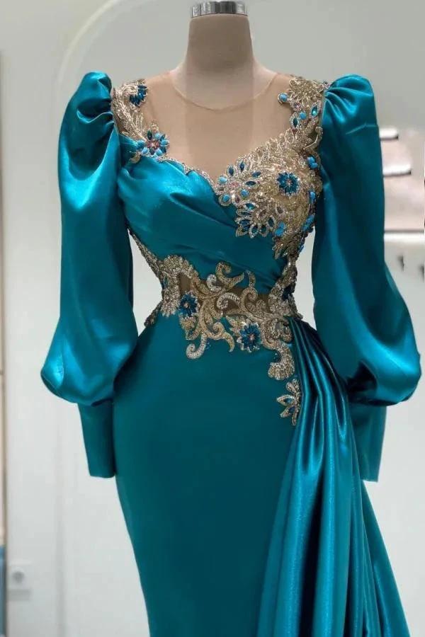 Luxurious Jewel Long Sleeves Satin Mermaid Prom Dresses by BIZTUNNEL