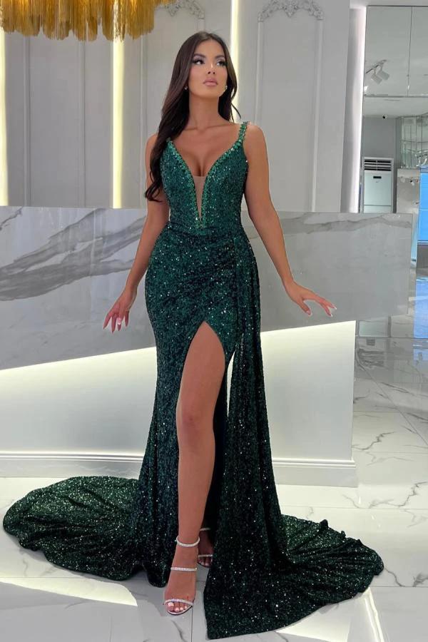Dark Green Mermaid V-neck Spaghetti Straps Sequined Long Prom Dresses With Split by BIZTUNNEL