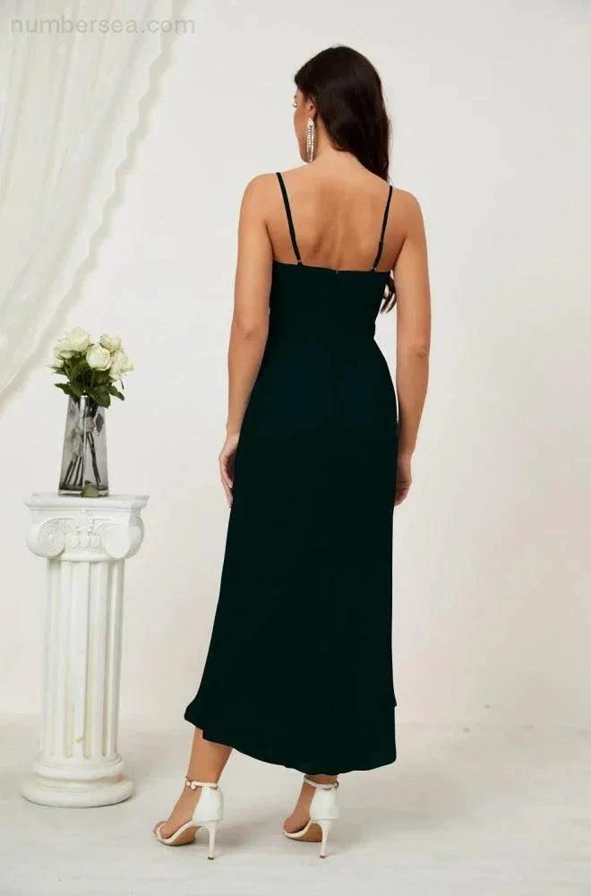 Numbersea Spaghetti Chiffon V Neck Bridesmaid Dress Mid-Length Slit Formal Prom Dress Homecoming Dress 2803 by numbersea